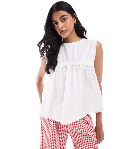ASOS DESIGN - Blouse sans manches en coton et bordée de dentelle - Blanc - view 1