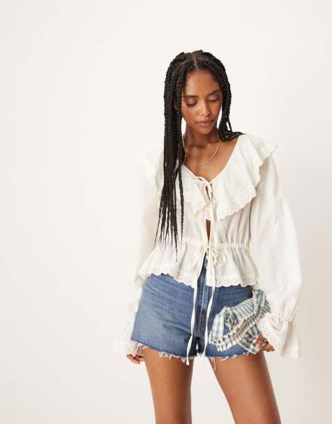 ASOS DESIGN - Blouse style bohème en coton à volants et liens sur le devant - Ivoire - view 1