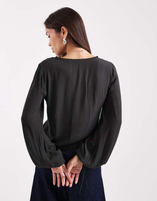 ASOS DESIGN - Blouse texturée à manches longues et empiècements en dentelle - Noir, 3 de 4