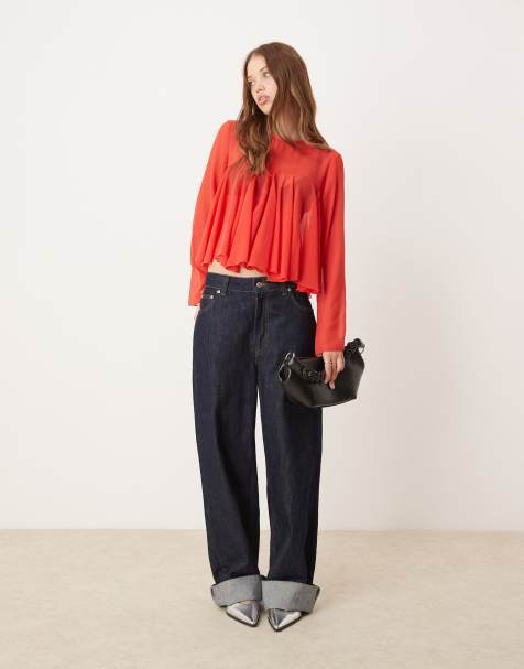 ASOS DESIGN - Blouse transparente à manches longues et godets - Rouge - view 1