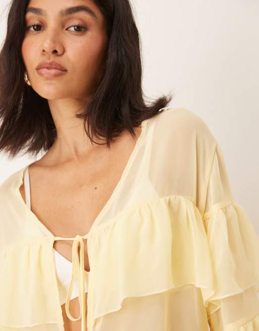 ASOS DESIGN - Blouse van chiffon met gestrikte voorkant en ruches in lichtgeel, 4 van 4