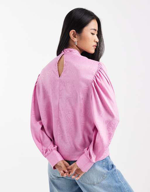ASOS DESIGN - Blouse van jacquard met dierenprint en gestrikte hals in roze, 4 van 4
