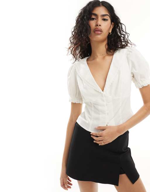 ASOS DESIGN  - Blouse van linnenmix met afwerking met broderie in ivoor