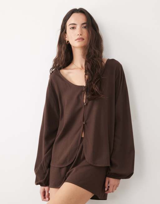 ASOS DESIGN - Co-ord set van linnenmix in chocoladebruin, 2 van 3