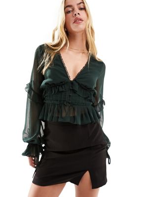 ASOS DESIGN long sleeve blouse with ruffle and tie sleeve in dark green - ASOS Price Checker