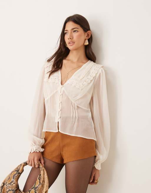 ASOS DESIGN blouse with collar and lace detail in cream