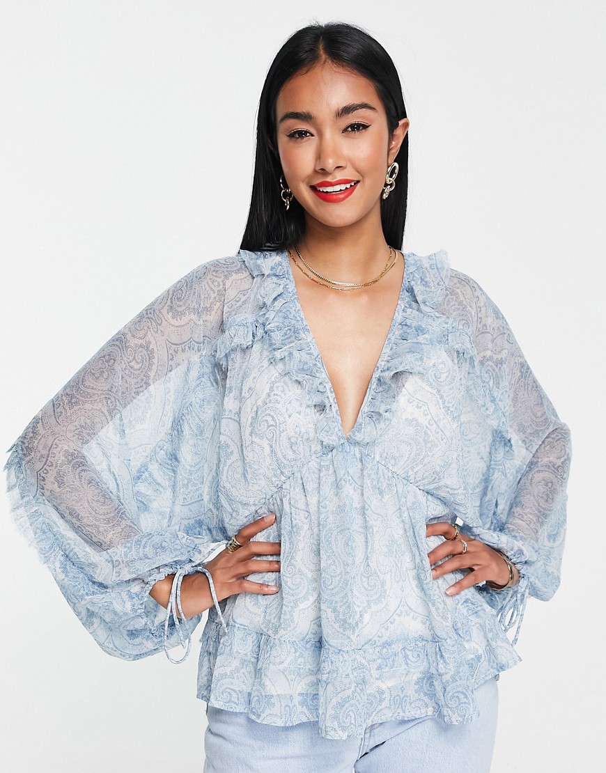 ASOS DESIGN blouse with raw ruffle edge & volume sleeves in blue paisley print-Multi