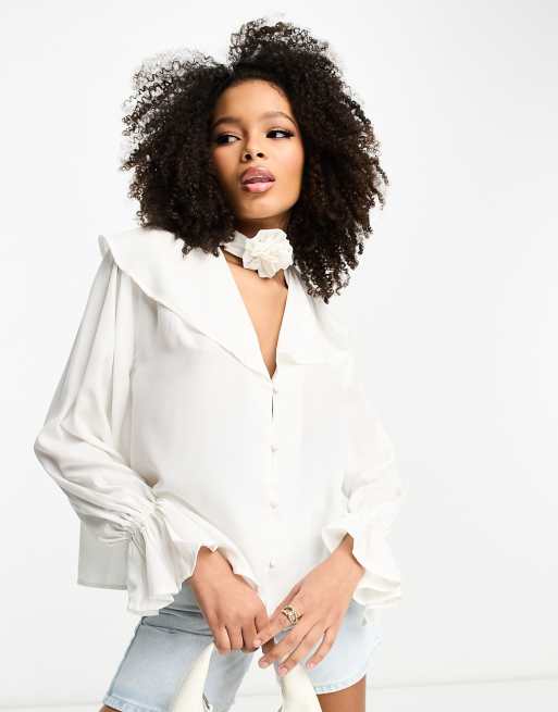 ASOS DESIGN blouse with ruffle corsage collar in cream