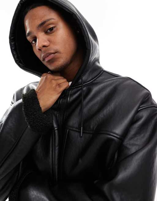Blouson Cuir Capuche Homme Doudoune Veste Simili Cuir Capuche
