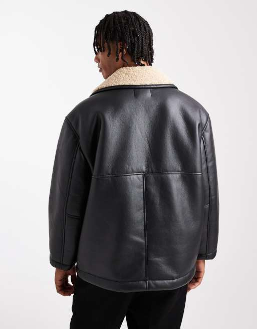 ASOS DESIGN - Blouson aviateur en similicuir avec doublure imitation peau de mouton - Noir , 3 de 5