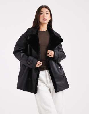 ASOS DESIGN - Blouson aviateur oversize en imitation peau de mouton contrecollé - Noir