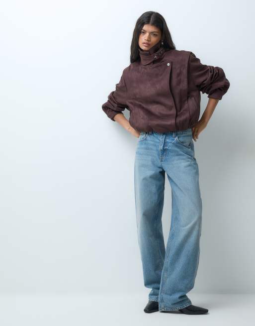 ASOS DESIGN blouson aviateur style motard en suédine à ourlet bouffant marron, 2 de 5
