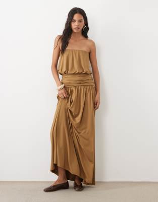 Asos Design Blouson Bandeau Maxi Split Front Dress In Yellow