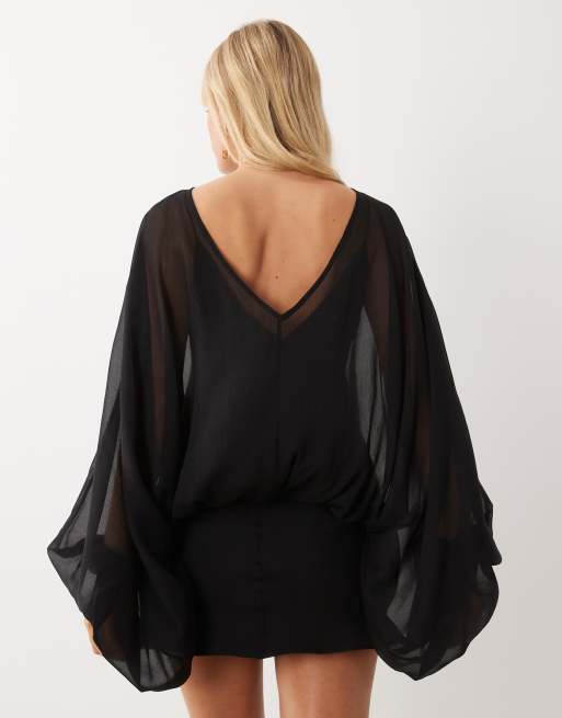 ASOS DESIGN blouson batwing sleeve dropped waist mini dress in black, 2 of 4