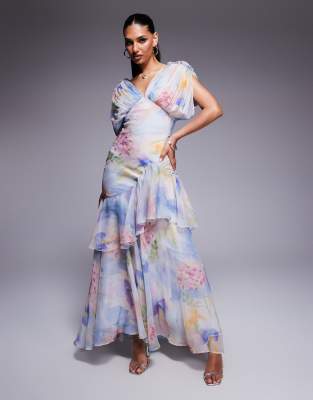 Asos Design Blouson Bias Cut Maxi Dress With Ruffle Hem