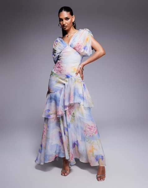 ASOS DESIGN blouson bias maxi dress with ruffle hem in abstract floral print - view 1