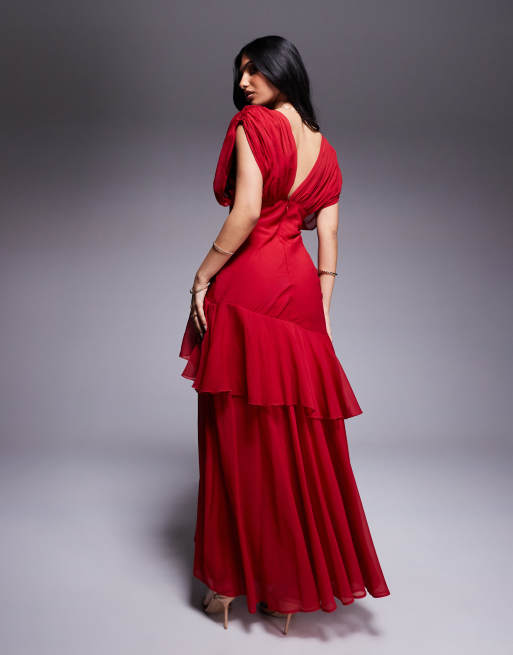 ASOS DESIGN blouson bias maxi dress with ruffle hem in red, 2 of 4