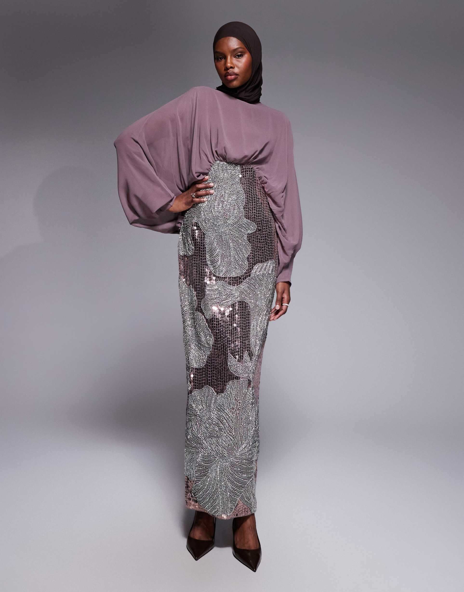 asos design blouson bodice batwing maxi dress with floral embellished skirt in mauve