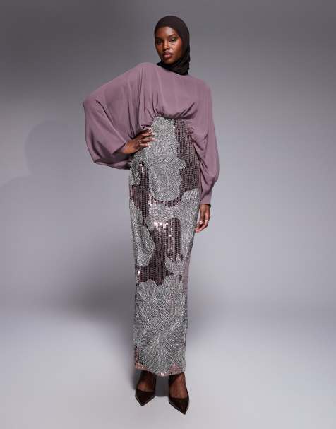 ASOS DESIGN blouson bodice batwing maxi dress with floral embellished skirt in mauve