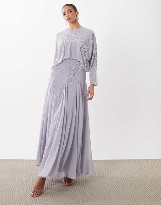 ASOS DESIGN blouson bodice embellished batwing sleeve maxi dress with godet hem in lilac