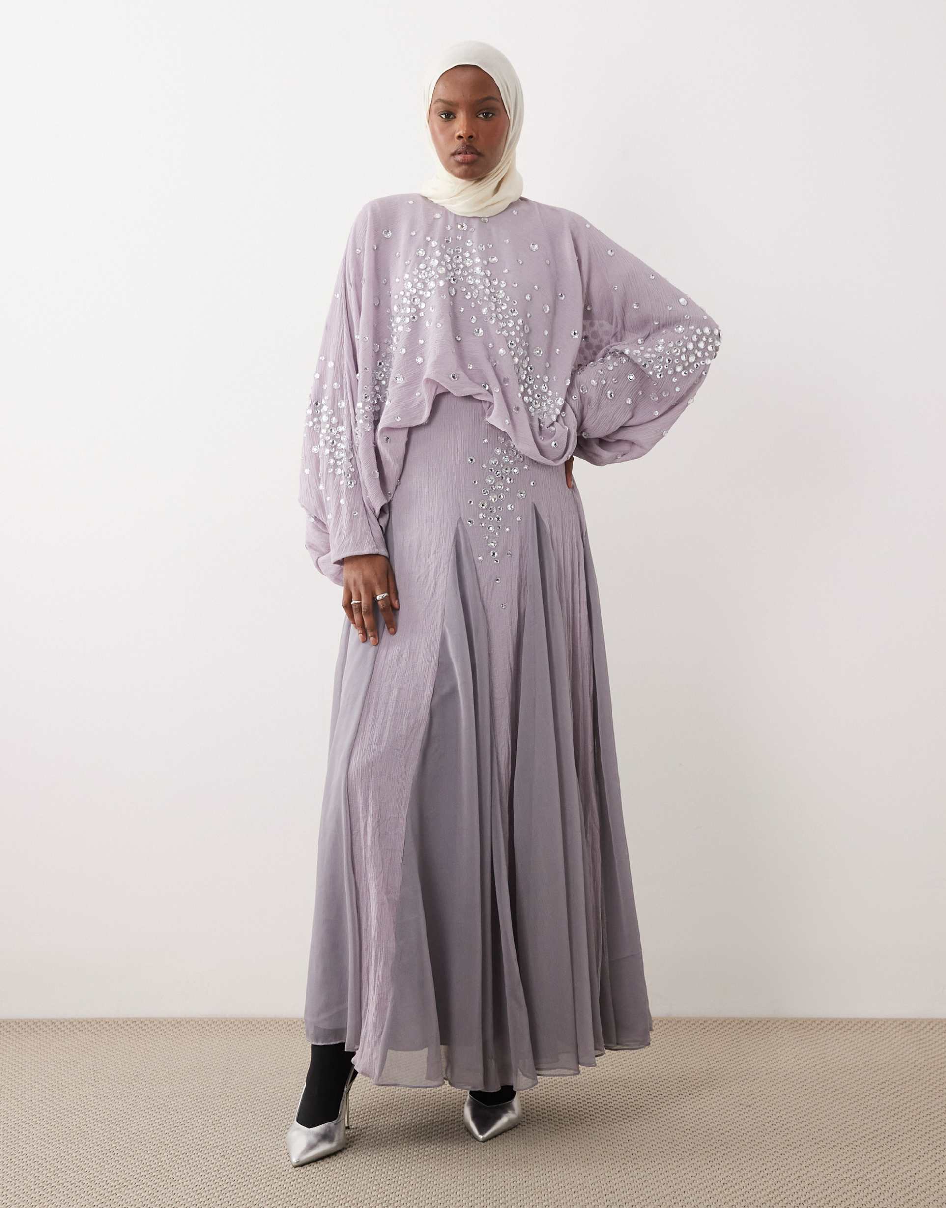 asos design blouson bodice embellished batwing sleeve maxi dress with godet hem in lilac