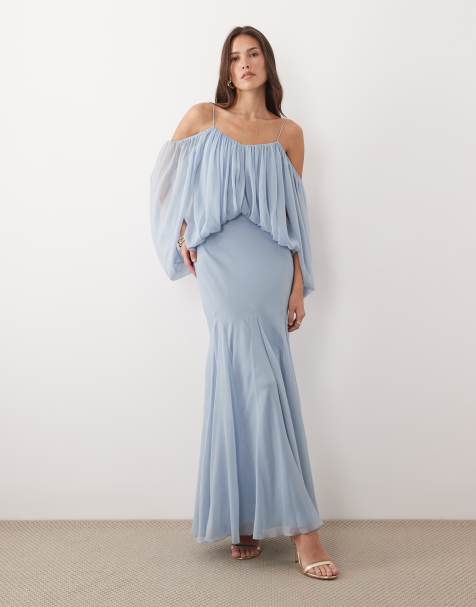 ASOS DESIGN blouson bodice maxi dress with split sleeve and volume godet skirt in light blue - view 1