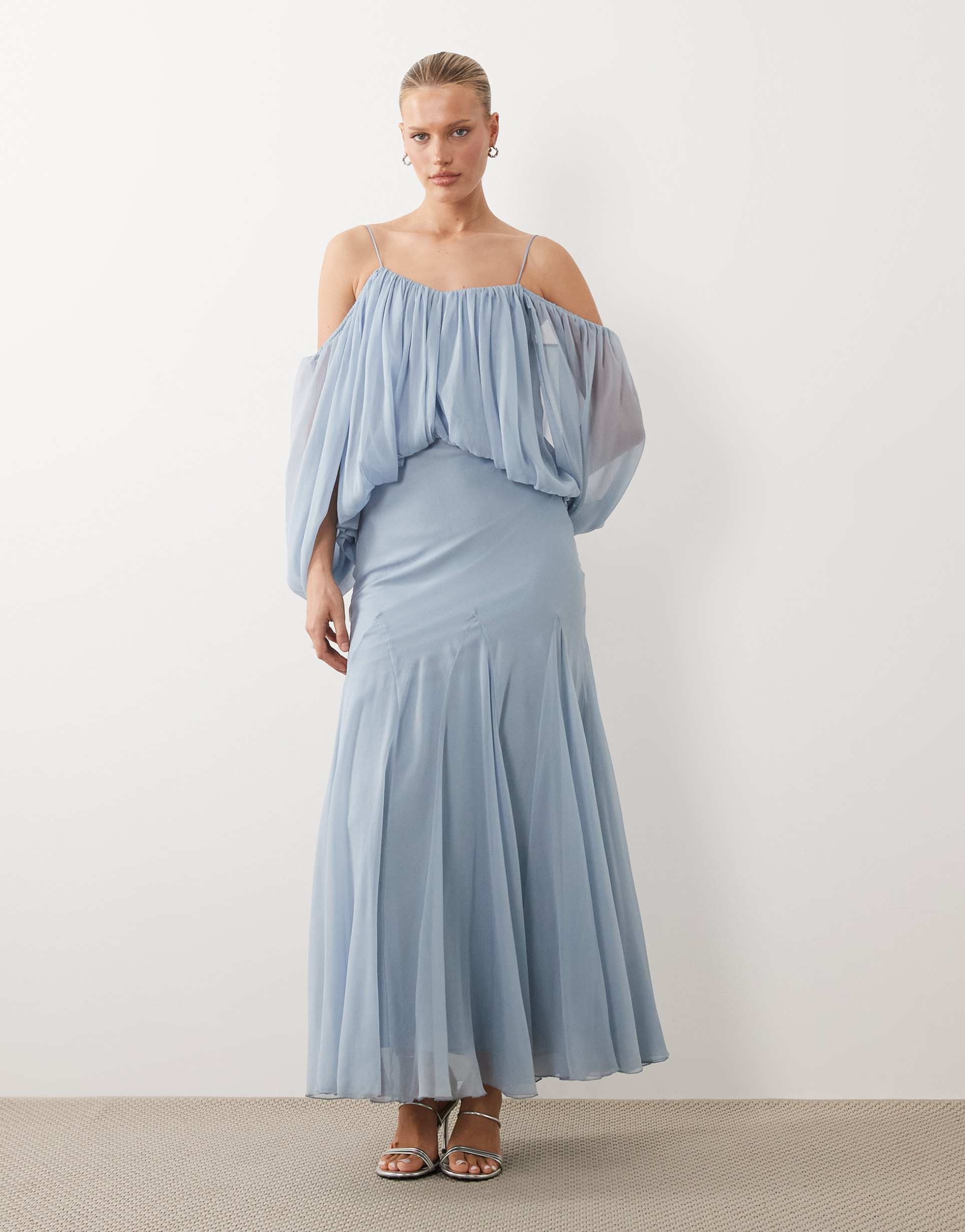 asos design blouson bodice maxi dress with split sleeve and volume godet skirt in light blue