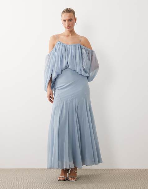 ASOS DESIGN blouson bodice maxi dress with split sleeve and volume godet skirt in light blue