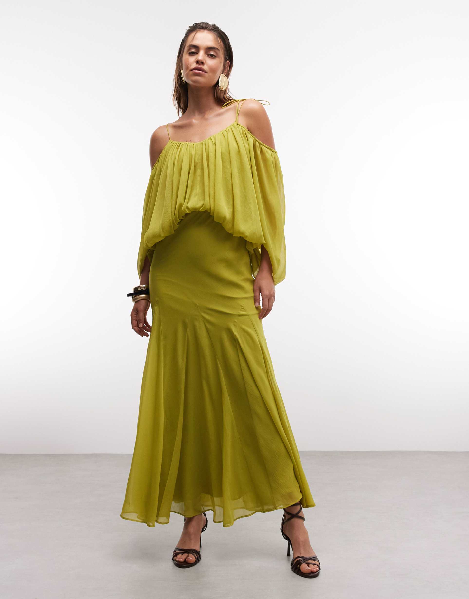 asos design blouson bodice maxi dress with split sleeves and volume godet skirt in olive green