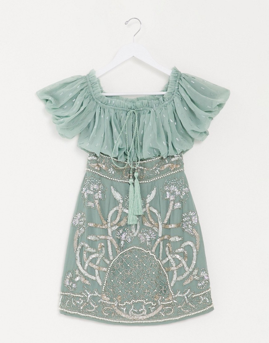ASOS DESIGN blouson bodice off-shoulder mini dress with embellished skirt in sage-Green