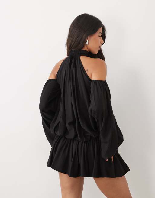 ASOS DESIGN blouson cold shoulder mini dress with flippy skirt in black, 4 of 4