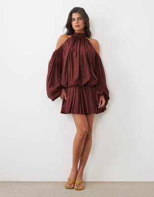 Asos Design Blouson Cold Shoulder Mini Dress With Flippy Skirt In Red