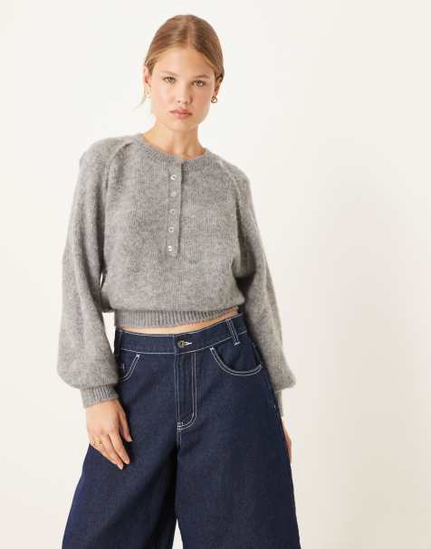 ASOS DESIGN blouson cuff henley jumper in charcoal - view 1