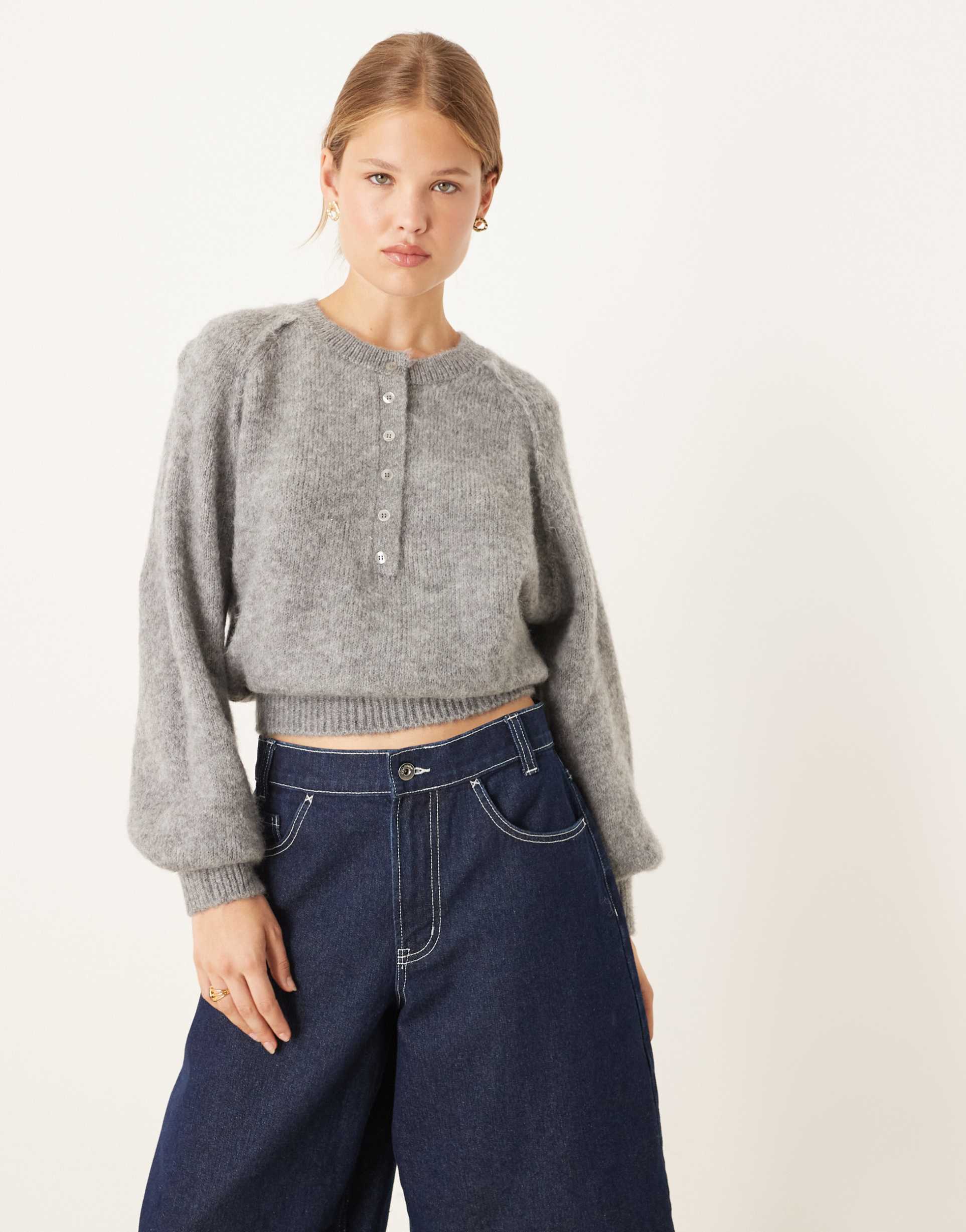 asos design blouson cuffs henley sweater in charcoal