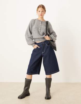 Asos Design Blouson Cuffs Henley Sweater In Gray