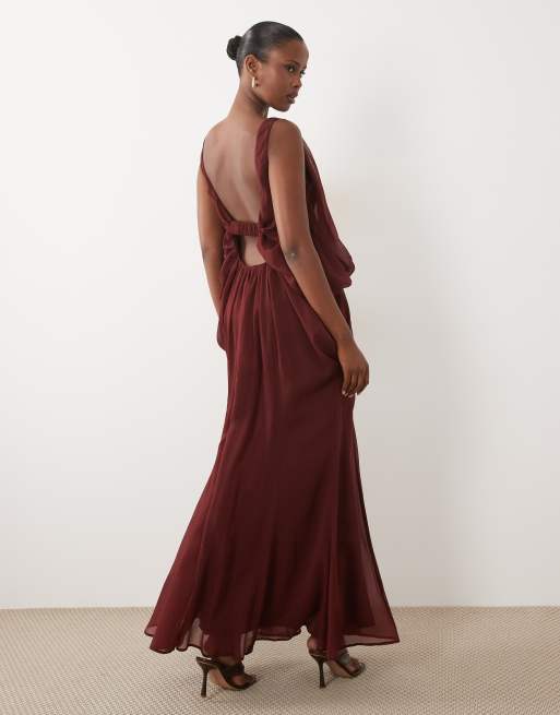 ASOS DESIGN blouson drape maxi dress with low back in hot chocolate, 2 of 4