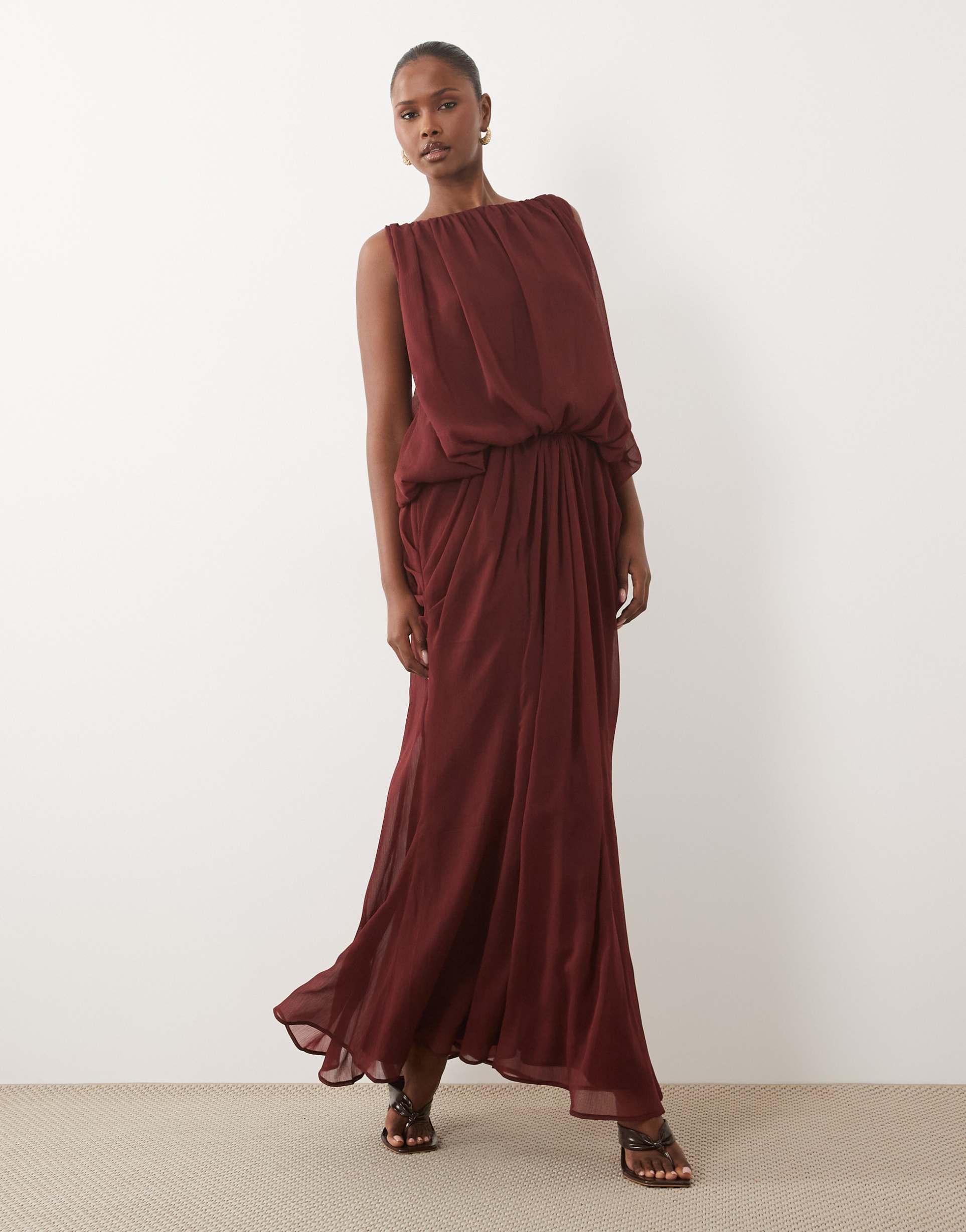 asos design blouson draped maxi dress with low back in hot chocolate