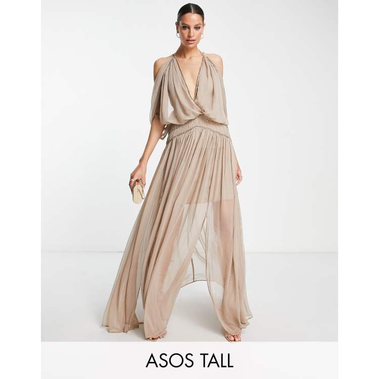 ASOS DESIGN blouson dress with chain strap detail in stone