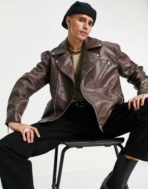ASOS DESIGN - Blouson en similicuir style motard - Marron, 3 de 4