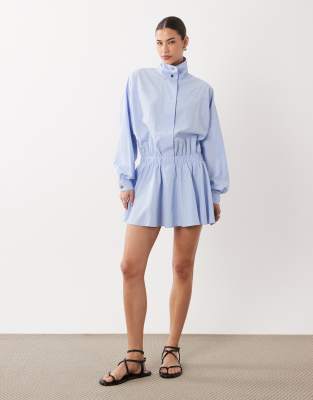 ASOS DESIGN blouson funnel neck mini shirt dress in baby blue
