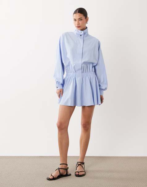 ASOS DESIGN blouson funnel neck mini shirt dress in baby blue - view 1