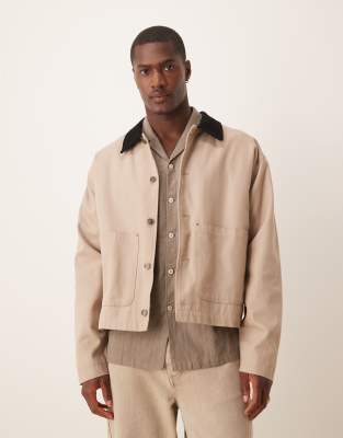 ASOS DESIGN - Blouson Harrington avec col en velours côtelé - Taupe délavé-Neutre