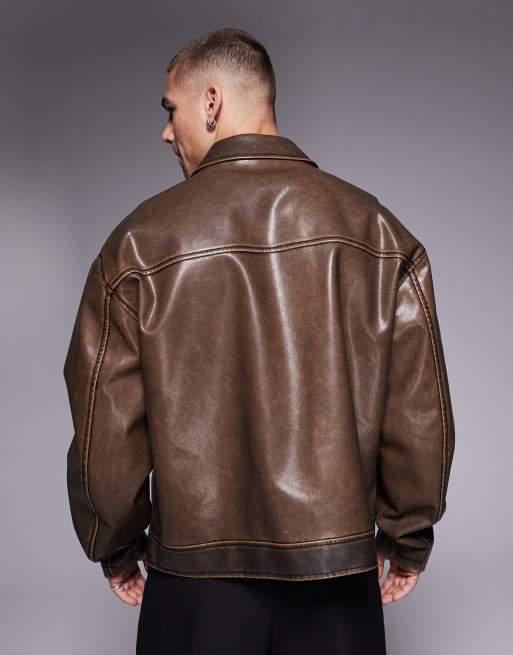 ASOS DESIGN - Blouson Harrington coupe carrée en similicuir - Marron délavé, 3 de 4