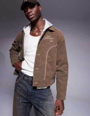 ASOS DESIGN - Blouson Harrington coupe classique brodé imitation daim - Marron