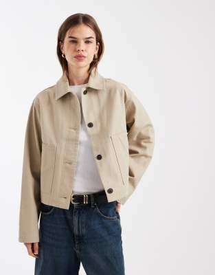 ASOS DESIGN - Blouson Harrington court en coton - Taupe-Neutre