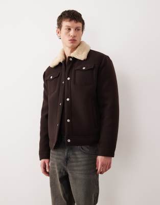 ASOS DESIGN - Blouson Harrington décontracté aspect laine avec doublure en imitation peau de mouton - Marron-Brown