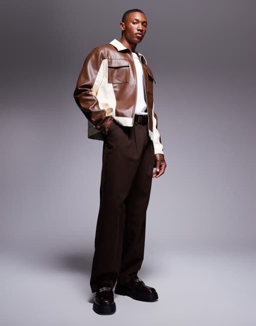 ASOS DESIGN - Blouson Harrington effet coupé-cousu en similicuir - Marron, 3 de 4
