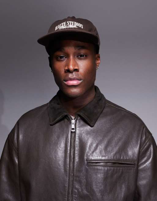 ASOS DESIGN - Blouson Harrington en cuir de qualité supérieure avec col en daim - Marron, 3 de 4