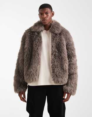 ASOS DESIGN - Blouson Harrington en fausse fourrure - Marron-Brown