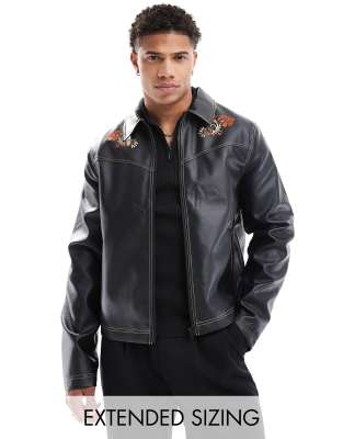 FhyzicsShops DESIGN - Blouson Harrington en imitation cuir avec broderies fleurs - Noir